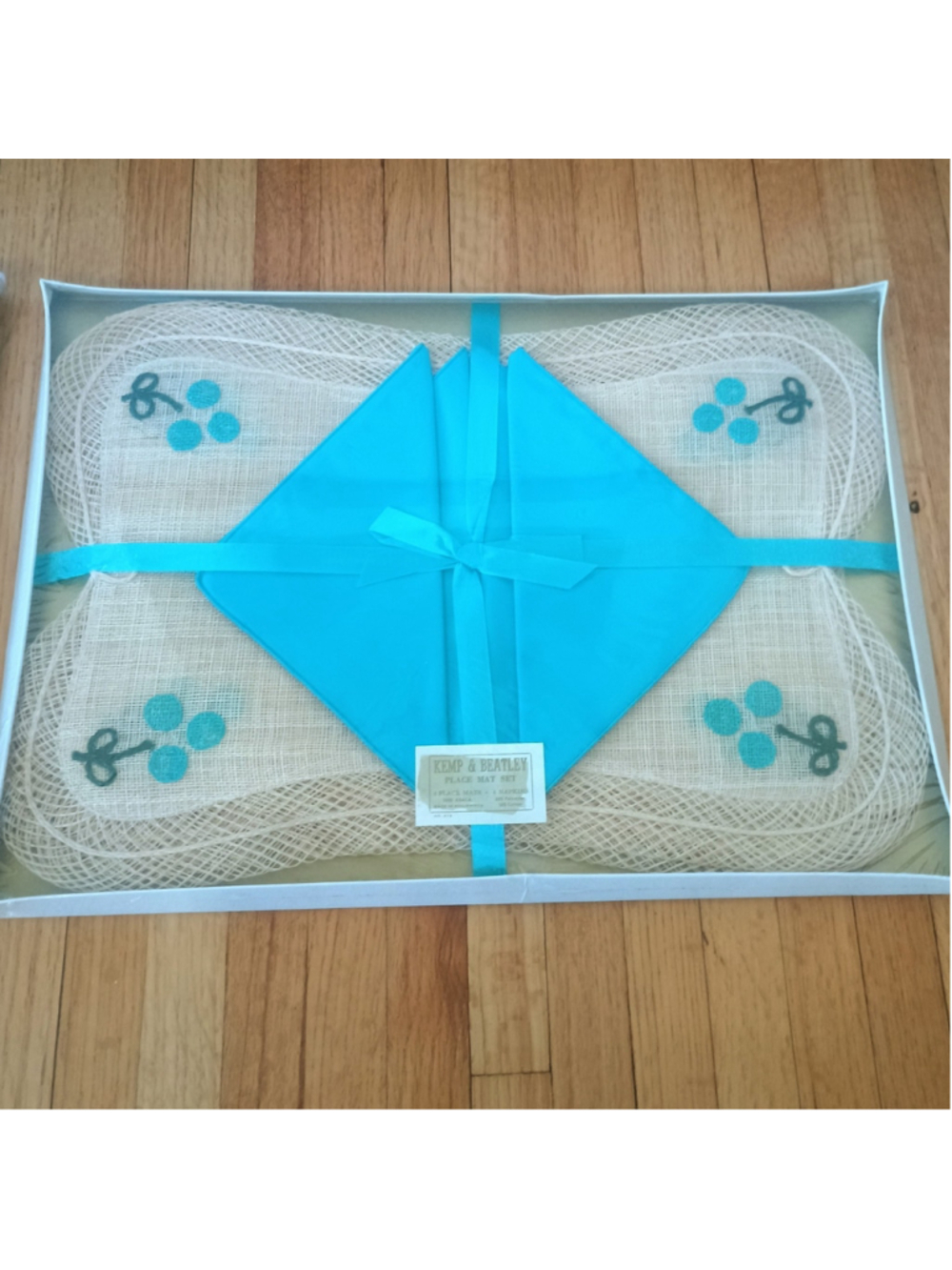 Vintage Kemp & Beatley Place Mat & Napkin Set For 4 Turquoise Biege Sealed
